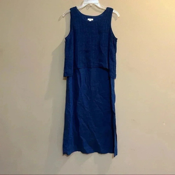 PURE JILL Sleeveless Linen Dress Tiered Overlay Crinkle Lagenlook Blue Petite S - Picture 2 of 12